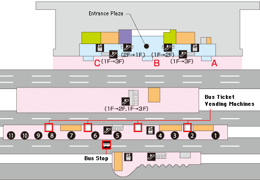 Map showing the way to the 1st-floor bus stops